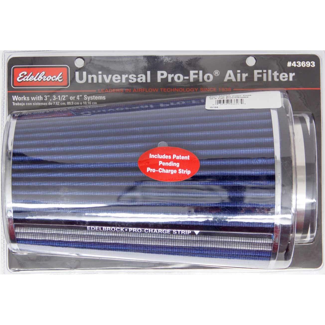 EDELBROCK Pro-Flo Air Filter Cone 10.5 Tall Blue/Chrome - 43693